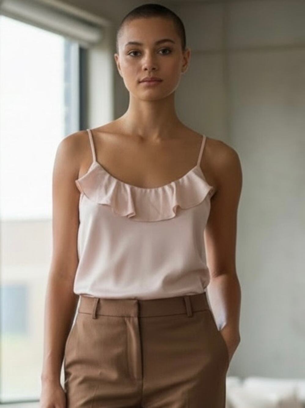 NWT M Chaser Boudoir Blush Pink Satin Ruffle Neck Strappy Cage Back Camisole